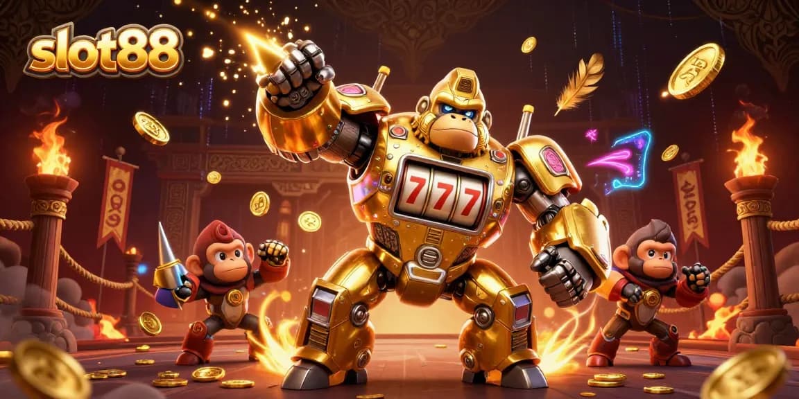 Slot88 menghadirkan gorila mekanis yang terbuat dari mesin slot, siap menghadapi jackpot dengan efek dramatis.