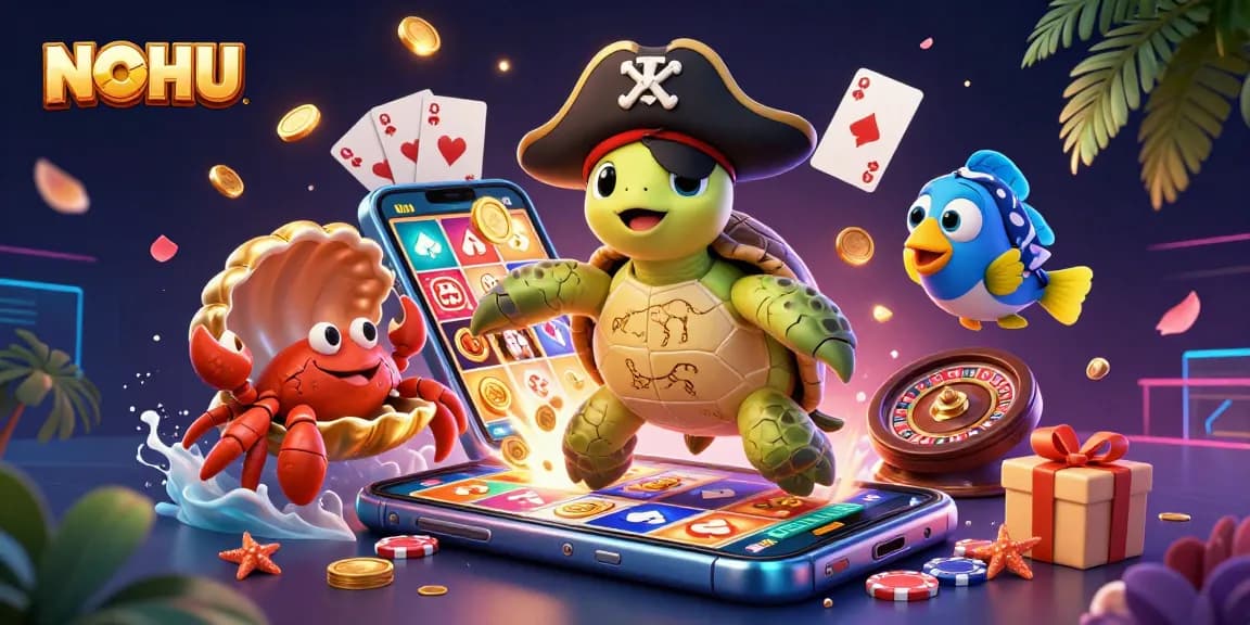Engage in exhilarating gameplay with NOHU, showcasing a vibrant pirate turtle, golden hermit crab, and parrotfish above treasure.
