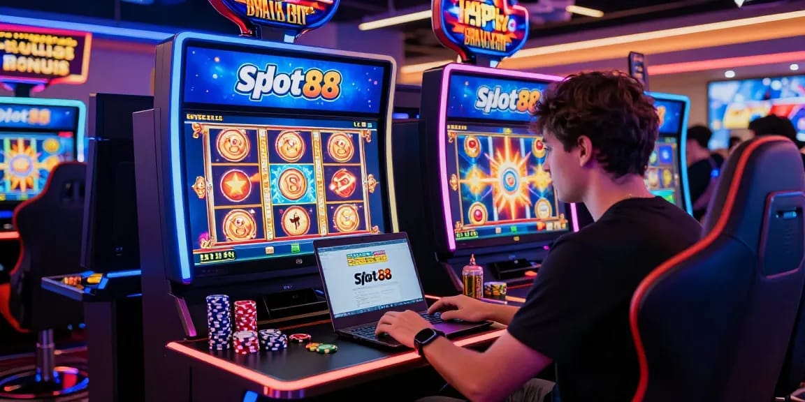 Exciting online gaming atmosphere featuring slot88 games, vibrant colors, and a focused player at a stylish desk.