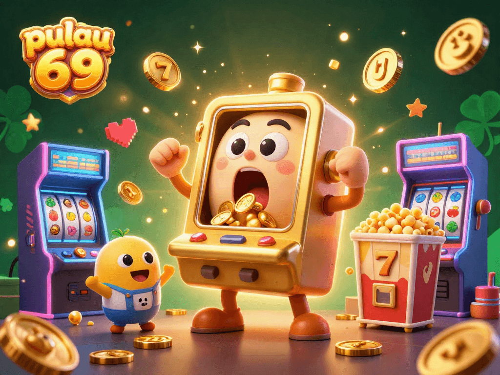 Pulau 69 slot machine wins with coins pouring out, delivering winning energy in an exciting casino scene.