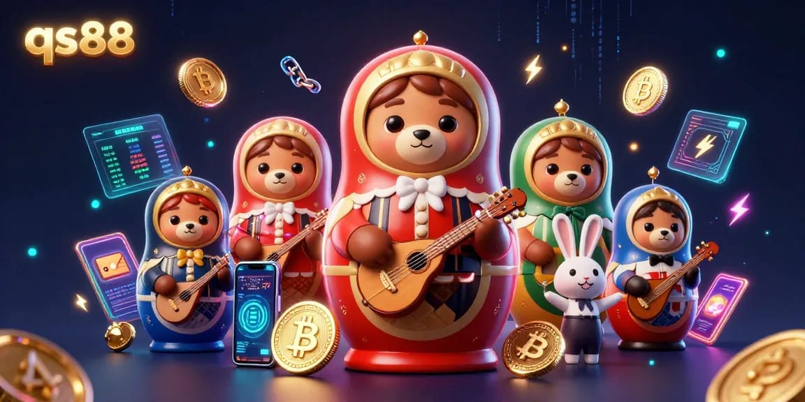 qs88 Casino Experience: Engaging scene with Matryoshka bears and crypto elements in an exciting gambling environment