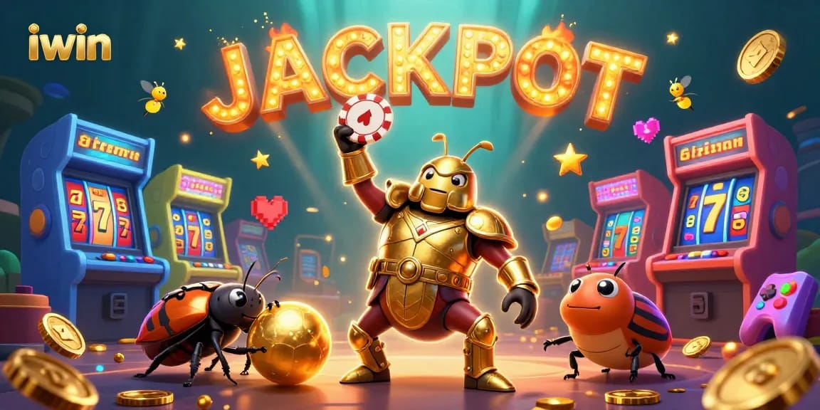 Engage with iwin slots, featuring vibrant characters and casino elements celebrating a jackpot victory.