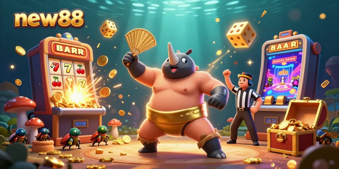 Win big with new88 in this dynamic 3D illustration featuring a thrilling casino scene