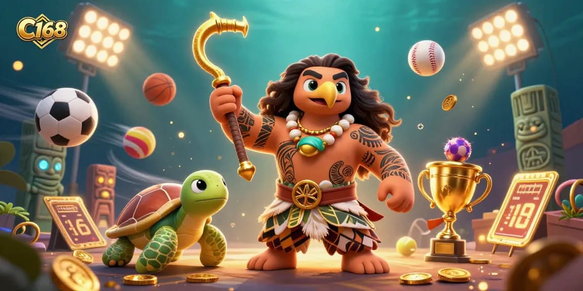 C168 offers thrilling sports betting with lively characters and vibrant game elements surrounding a dynamic casino scene.