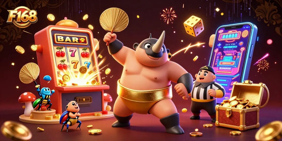 Experience thrilling action at F168 with a rhinoceros beetle champion amidst flying coins and slot wins