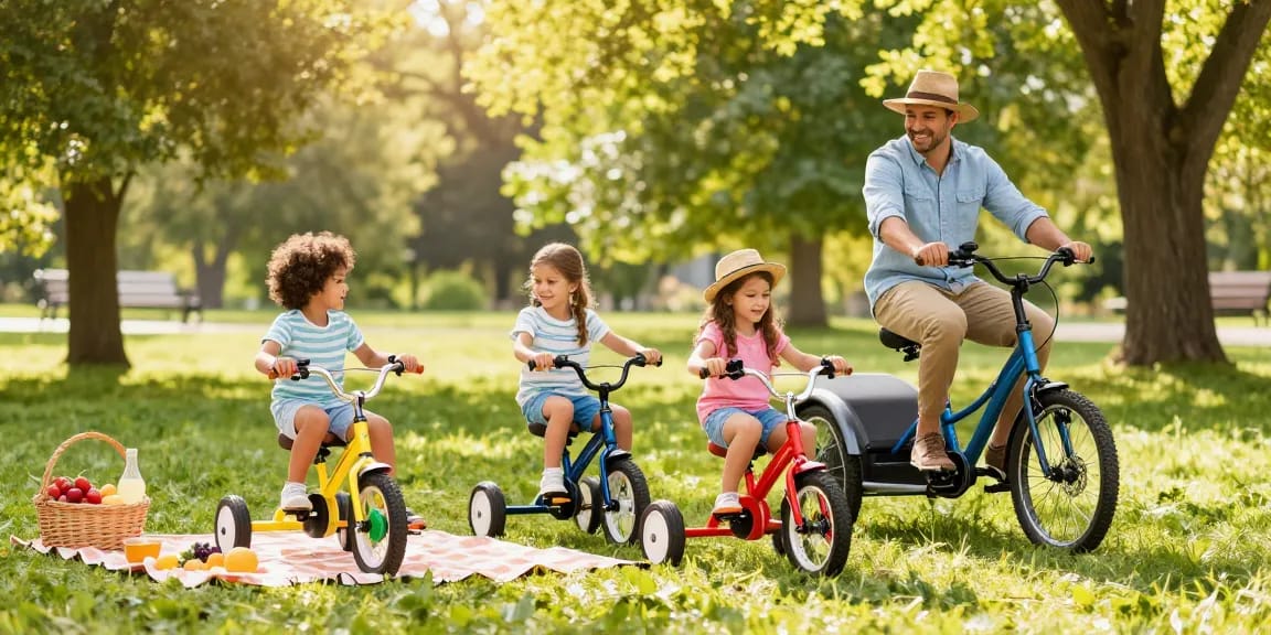 Family enjoying best electric tricycles in a sunny park, showcasing various models.