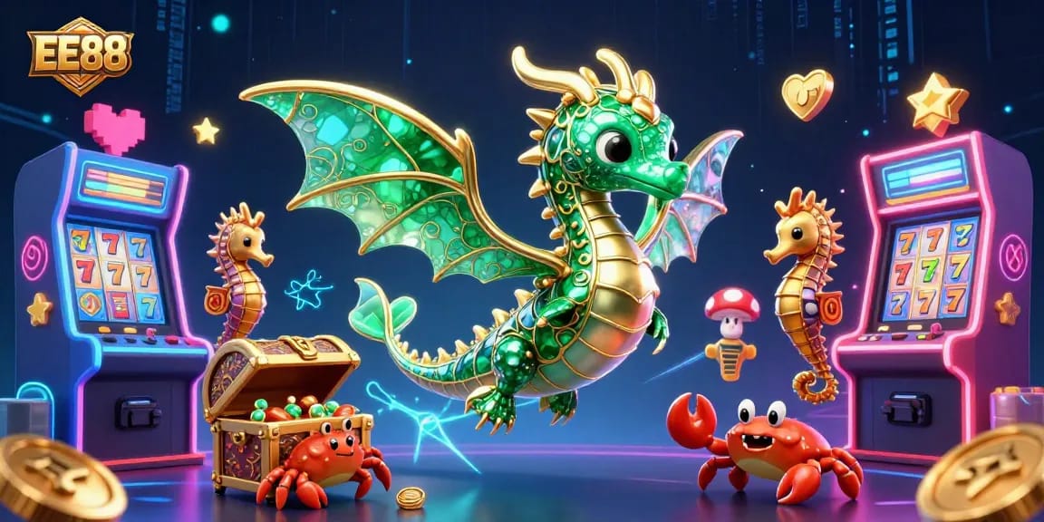Engage with EE88's vibrant 3D illustration featuring dragons and gaming excitement.