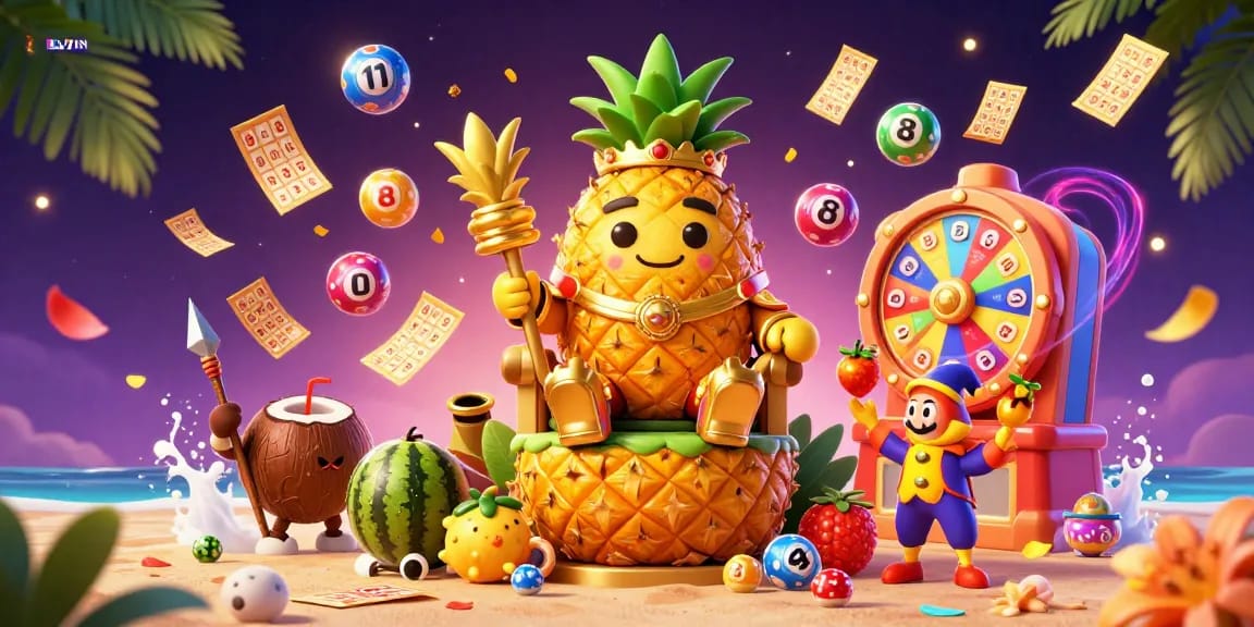 LLWIN casino scene featuring a golden pineapple king and colorful elements of gambling joyfully engaging players in vibrant activities.