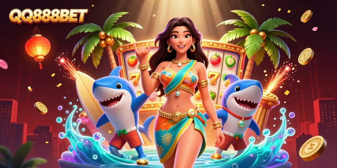 Experience the thrill of online gaming with QQ888BET, showcasing vibrant slot reels and lush visuals.