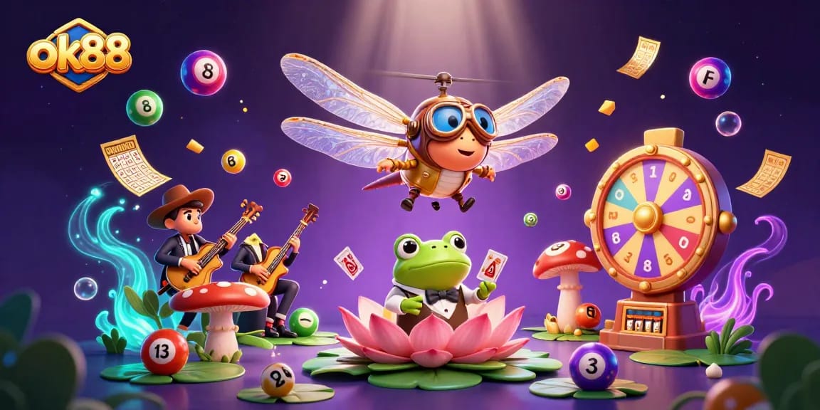 Experience the excitement with ok88 at a lily pad casino featuring vibrant lottery balls and a lively atmosphere.