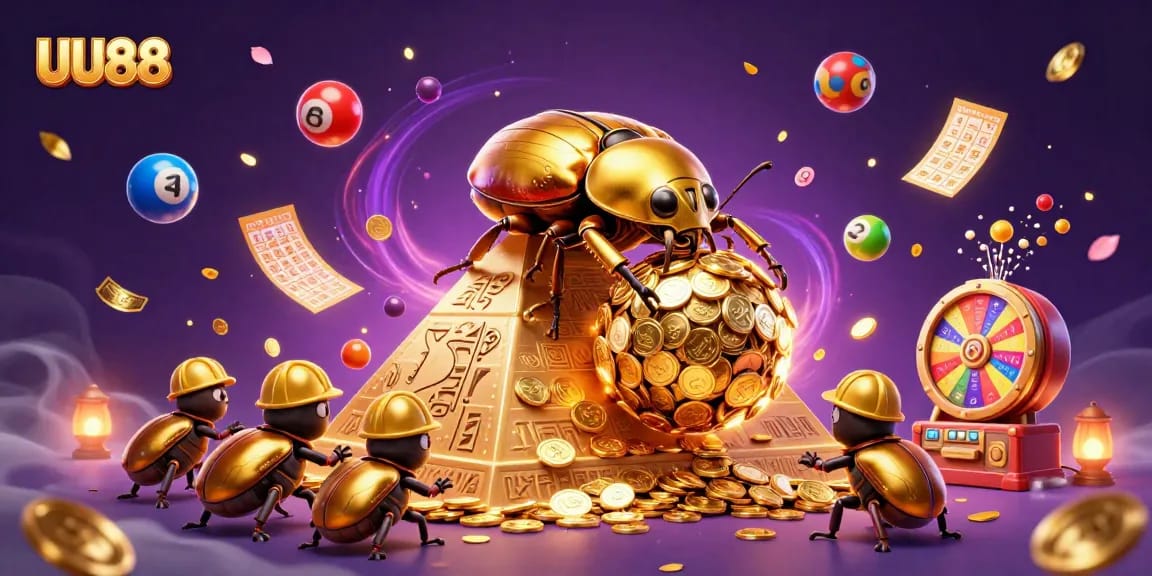 Play at UU88 and explore vibrant lottery balls, golden coins, and exciting casino symbols.