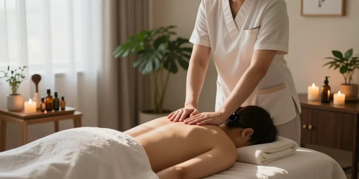신림동출장마사지 being performed in a serene, tranquil setting with professional Korean therapist.