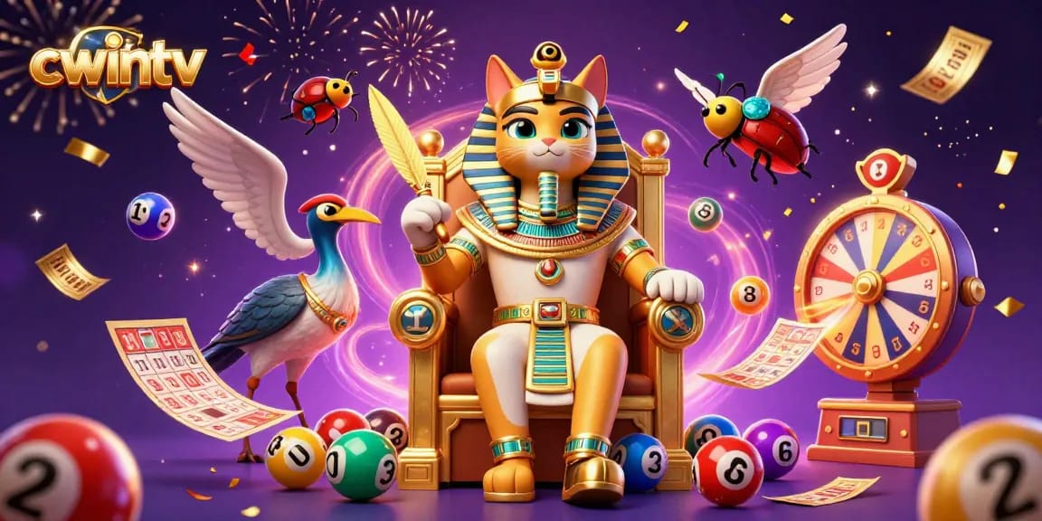 Engaging scene featuring cwintv's cartoon Egyptian pharaoh cat surrounded by dynamic gambling elements.
