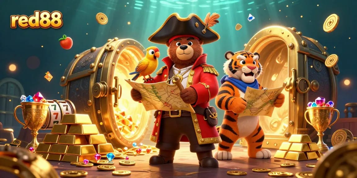 Join the adventure with red88 in this vibrant casino scene featuring a pirate and treasures!