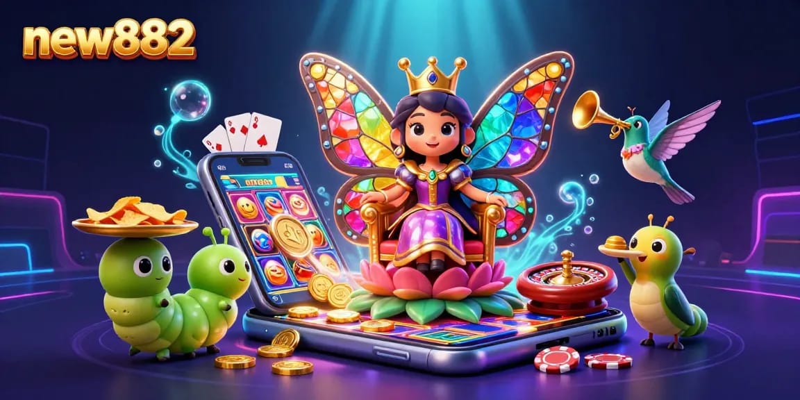 Win exciting jackpots at new882 in a vibrant 3D casino scene with captivating characters and dazzling game elements.