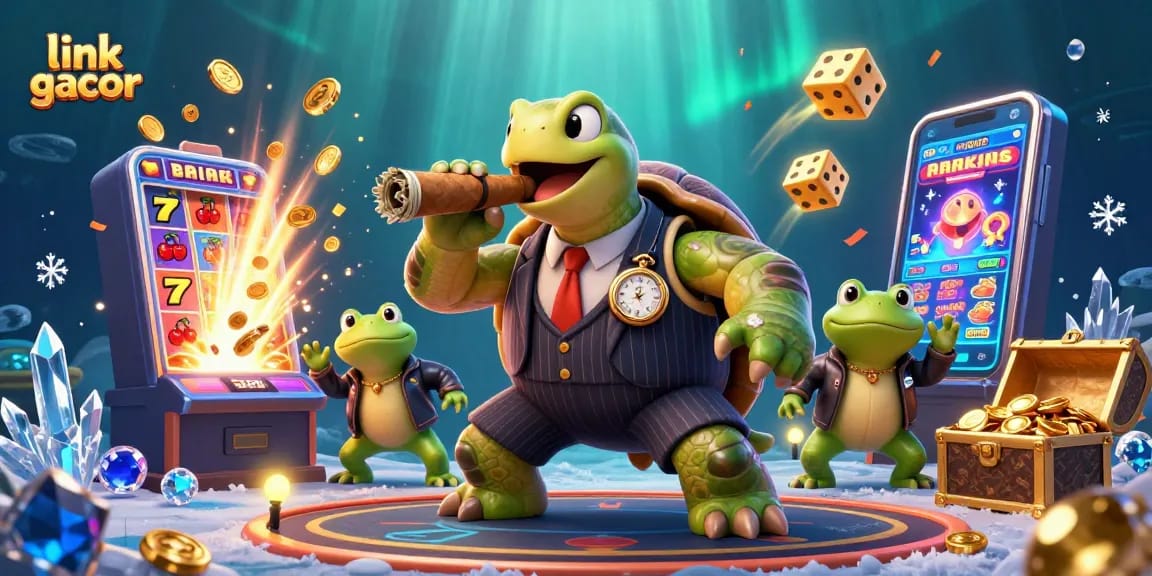 Experience thrilling excitement with link gacor in a vibrant casino setting featuring a snapping turtle and bullfrogs.