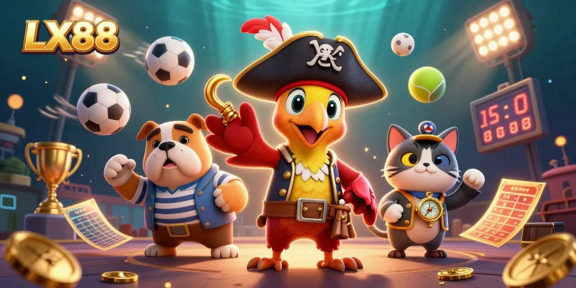 Engage with LX88 for thrilling sports betting experiences, featuring vibrant scenes of playful gambling characters.