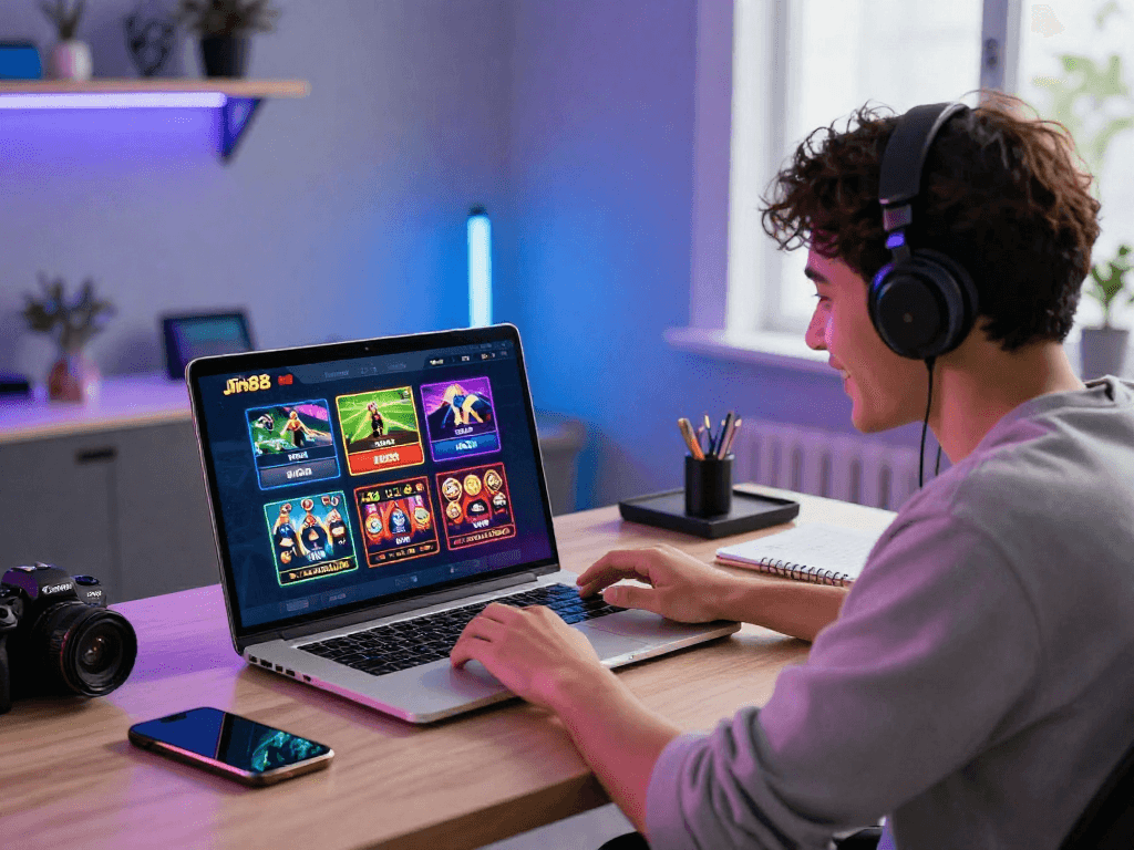 Sòng bạc Jin88 với người chơi tương tác tích cực trên laptop tại văn phòng hiện đại, không gian đầy màu sắc thú vị.