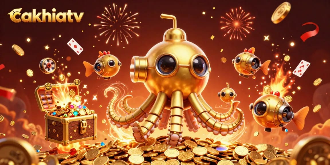 CakhiaTV provides an engaging gaming experience with a dynamic golden kraken submarine surrounded by colorful gaming elements.