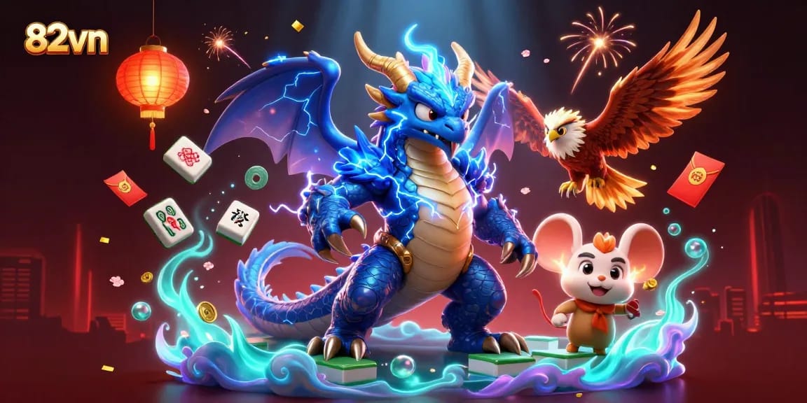 Experience thrilling gaming features with 82vn, showcasing vibrant casino elements and characters.