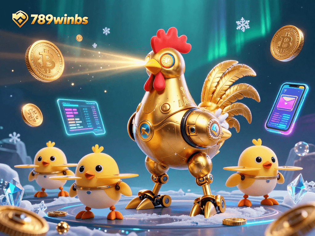 Experience thrilling action with 789winbs as golden robots battle with crypto coins in a vibrant casino scene.