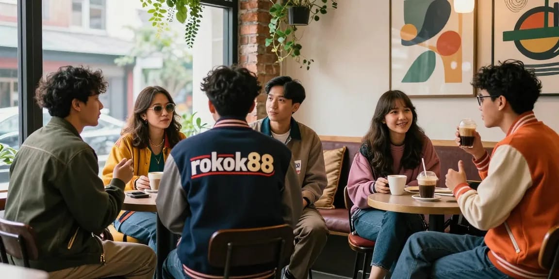 Fashionable friends enjoying coffee in a trendy café, rokok88 displayed on apparel.