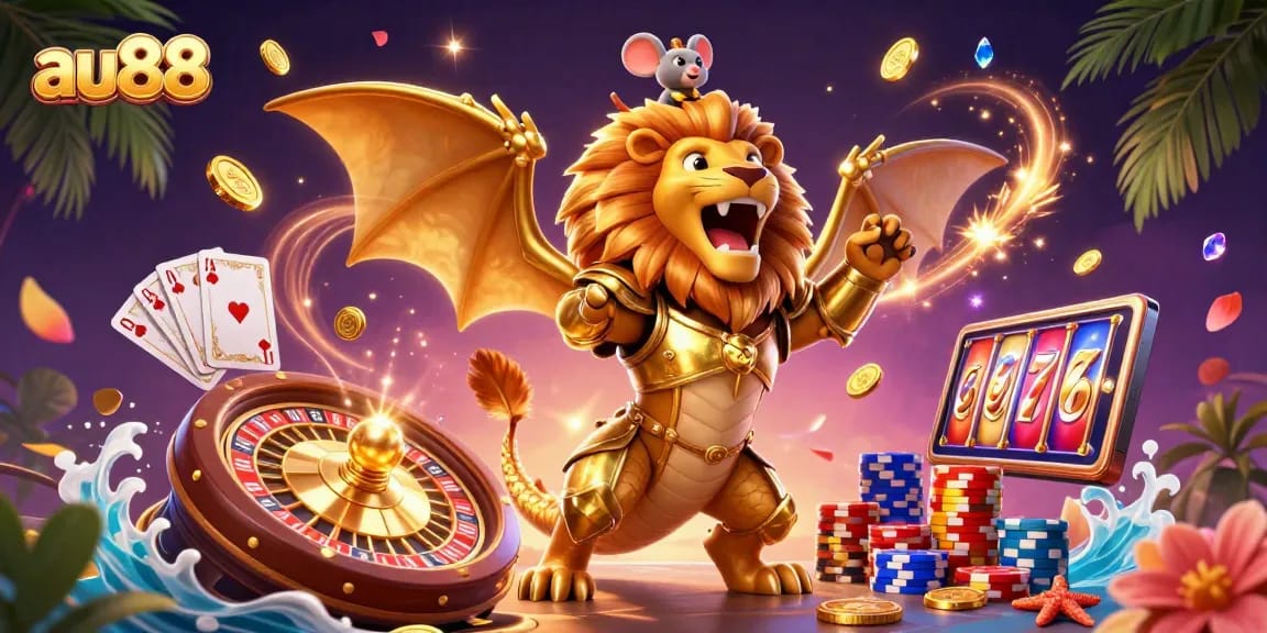 Win big at au88 with this vibrant 3D illustration of a chimera and gaming elements.