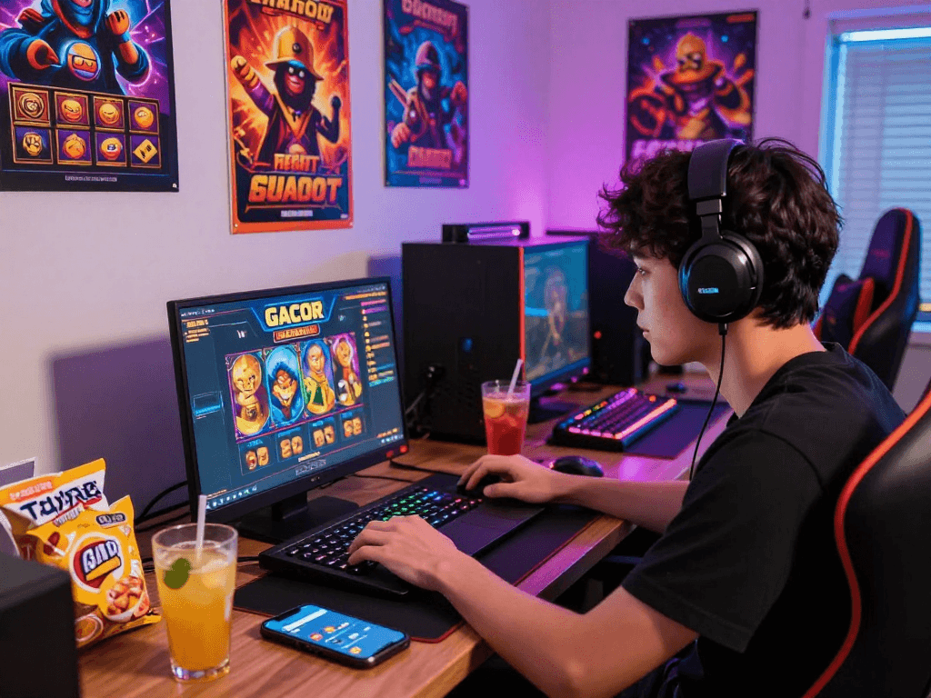Exciting online gaming scene of a player engaged in a slot gacor game, surrounded by vibrant game posters and snacks.