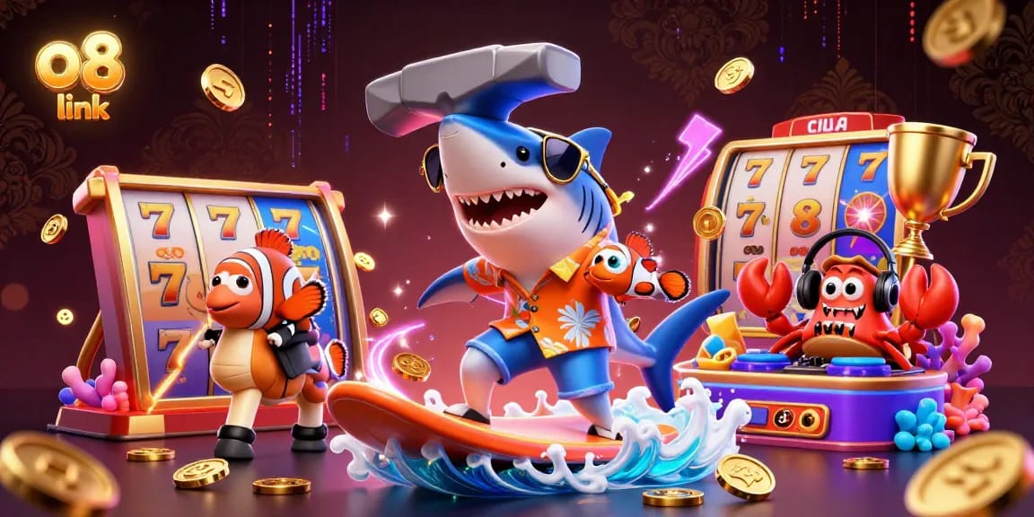Join the thrill of O8 link with a shark surfing on golden coins amidst an exciting casino atmosphere.