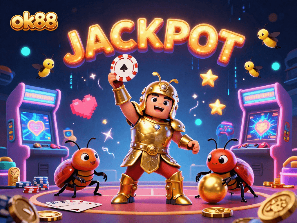 Feel the excitement of ok88 as the victorious beetle celebrates a jackpot in a vibrant casino scene.