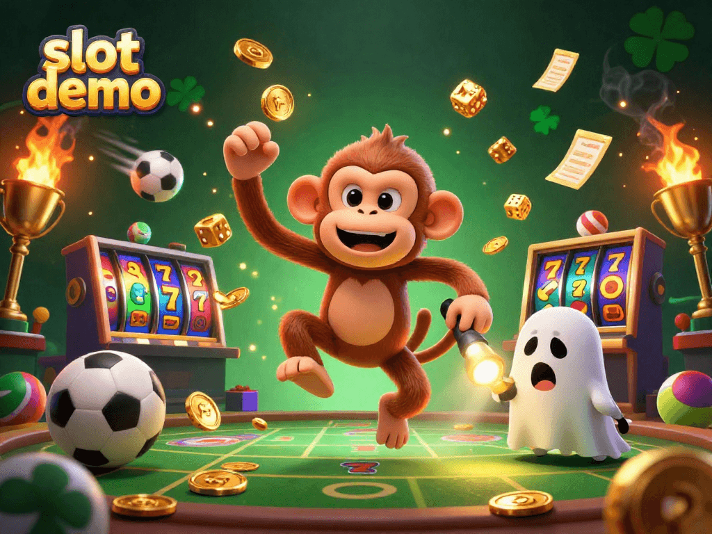 Slot demo dengan karakter hantu dan anjing pemburu di kasino penuh permainan emas.