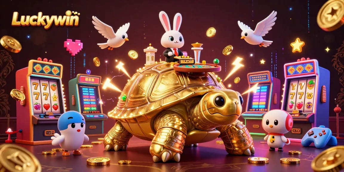 Experience thrilling gameplay at Luckywin with a vibrant 3D casino scene featuring a playful tortoise and a rabbit dealer.