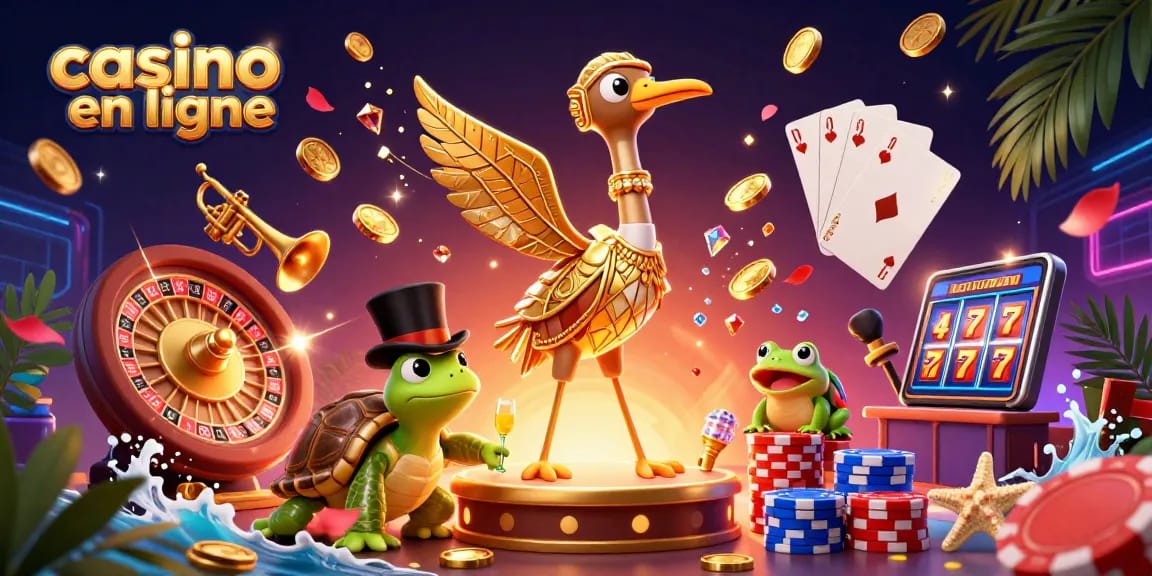 Casino en ligne avec des personnages colorés, des pièces dorées et une roulette. Jouez et gagnez!