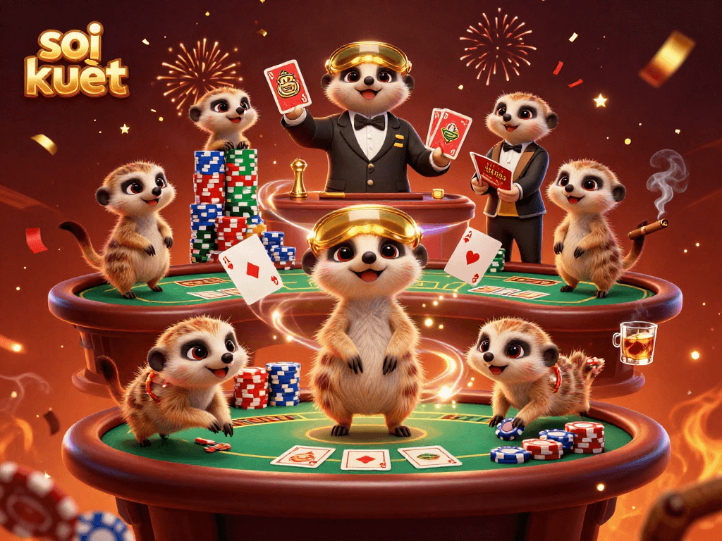 Experience thrilling soi cầu kubet action with meerkats in a vibrant casino scene.