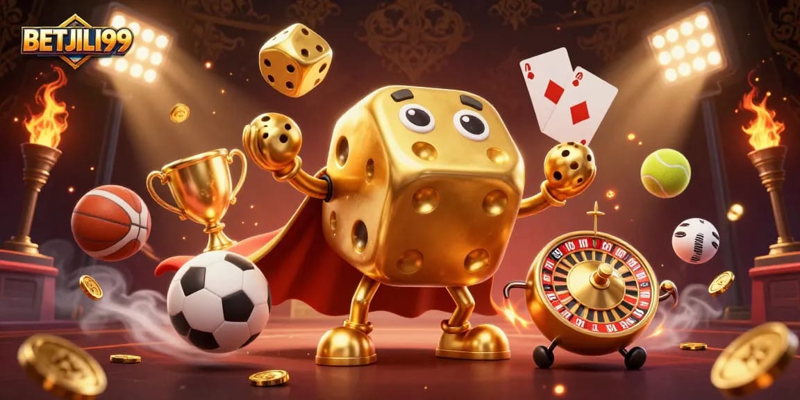 Experience thrilling excitement with BETJILI99 at an online casino with golden dice and dynamic sports elements.
