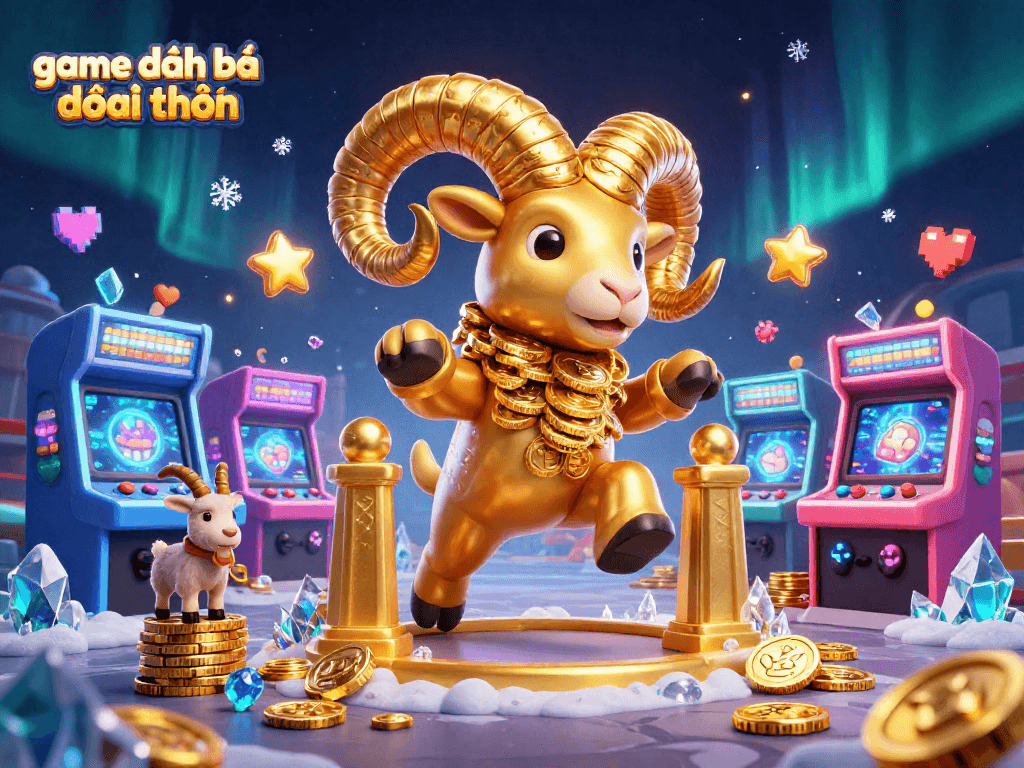 Experience game đánh bài đổi thưởng with a golden ram charging through a vibrant casino scene.