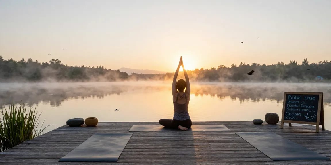Explore serene yoga practices at https://stefancamilleriyoga.com by the tranquil lake at dawn.