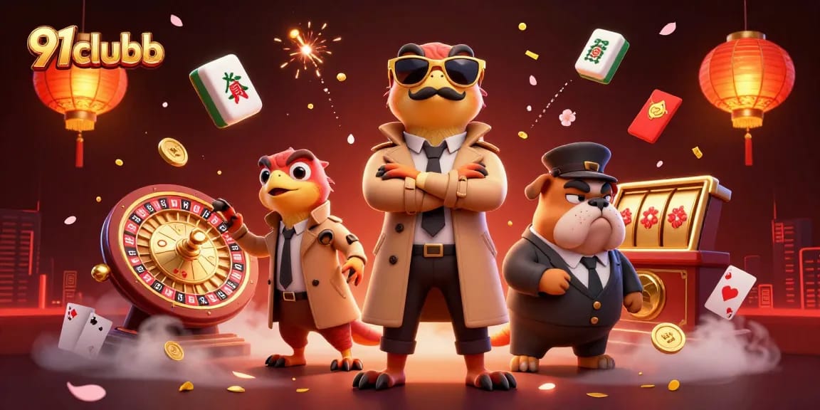 Engage with 91clubb through an exciting VIP casino scene featuring playful raptors and a guarding bulldog.
