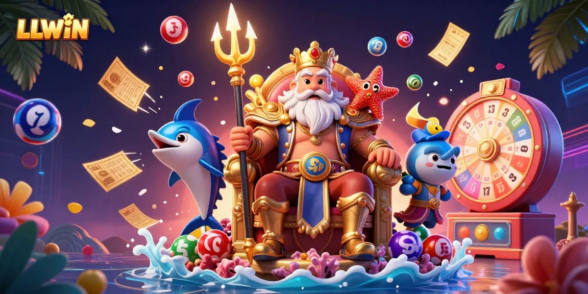 LLWIN's lottery excitement shines with vibrant characters and game elements in a dynamic, engaging scene.