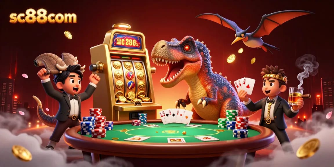 Engaging sc88com scene with animated dinosaurs celebrating jackpots from a golden slot machine.