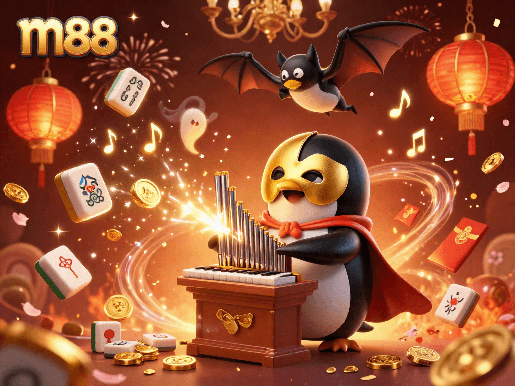 Experience exciting m88 gaming with a vibrant scene of lucky symbols and a penguin playing a gold coin organ.