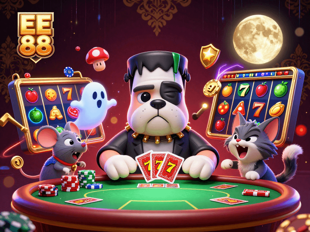 Experience the thrill of EE 88 with a lively scene of a Frankenstein bulldog dealing cards among casino elements.