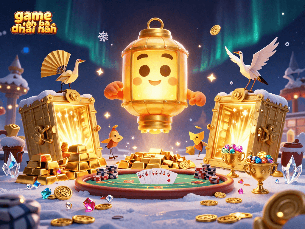 Engage in game đánh bài đổi thưởng with vibrant visuals of poker tables and golden treasures.