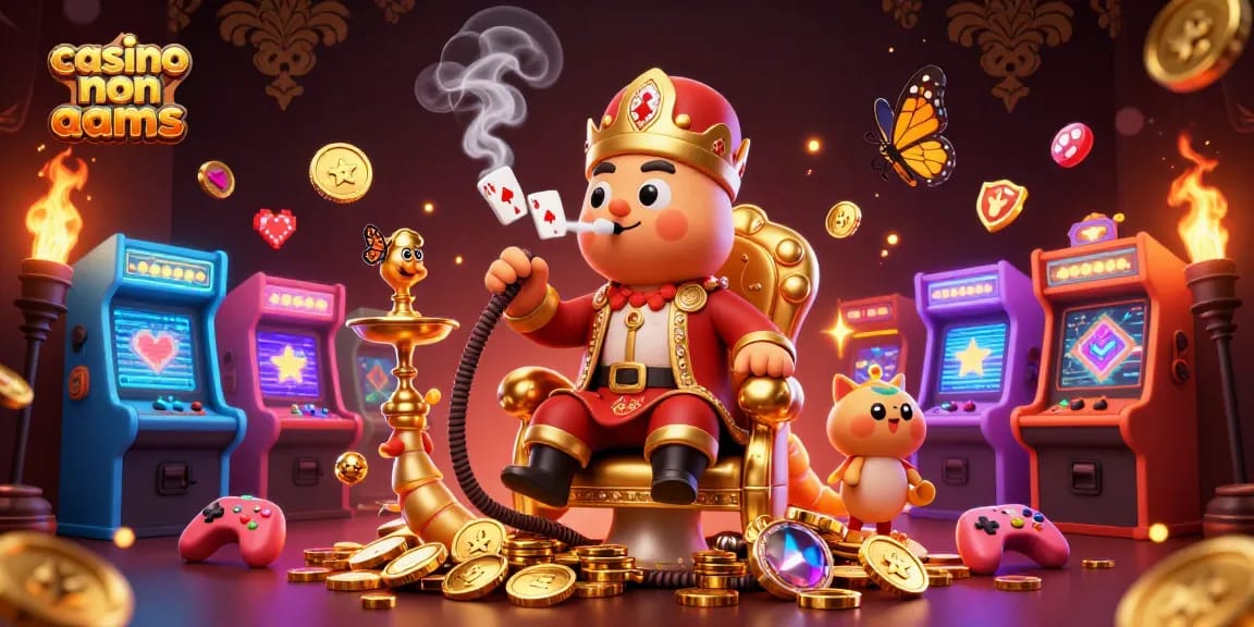 Gioca nei migliori casino non AAMS mentre una lucertola magica genera simboli di poker tra colorate macchine arcade.