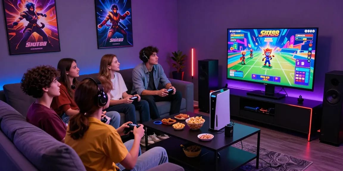 Friends intensely focused on a vibrant slot88 gaming session, showcasing immersive gameplay and snacks