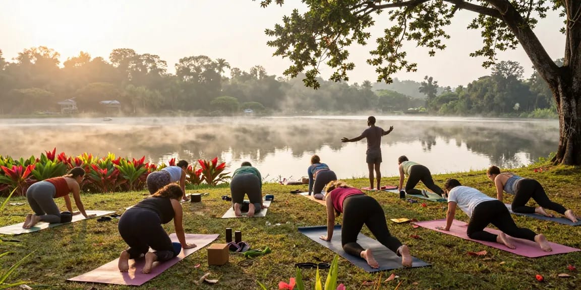 100 hour yoga teacher training sri lanka with diverse group practicing yoga by Koggala Lake at sunrise, serene environment.