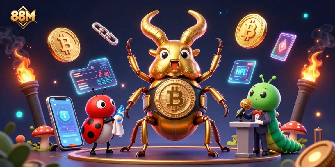 88M showcases a vibrant gaming scene with a giant stag beetle and ladybug in a rich casino atmosphere.