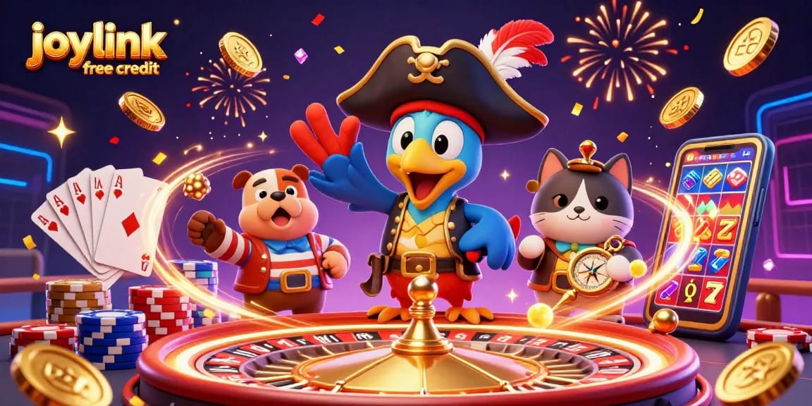 Experience joylink free credit with a festive 3D casino scene featuring a pirate captain, bulldog, and cat amidst thrilling slots and poker elements.