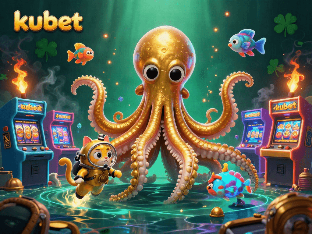 Engage with the thrilling world of kubet as a colossal kraken and diving cat explore a vibrant casino-themed ocean.