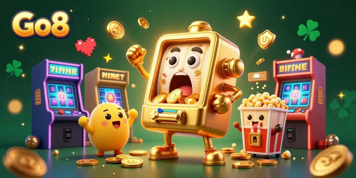 Watch the Go8 slot machine hitting jackpots and celebrating amidst a vibrant casino scene of thrills.